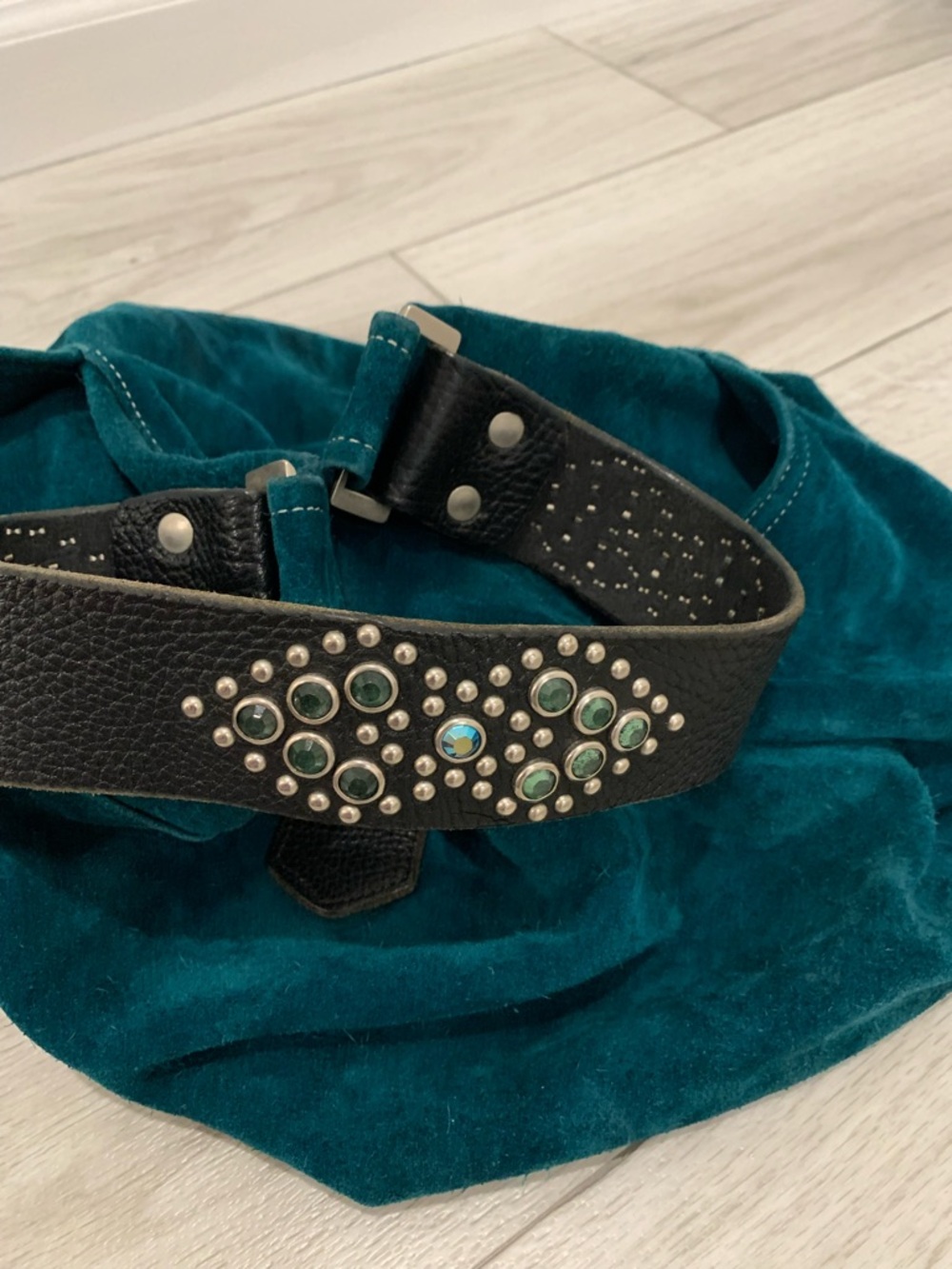 Tylie Malibu Black Leather Wide Belt with Green Gem Details